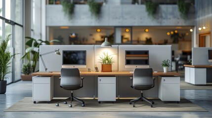 Leinwandbilder - Two sleek workstations are arranged within a bright and airy office space, enhanced by plants and modern decor, creating a productive atmosphere for teamwork and creativity.