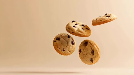 Poster - Four chocolate chip cookies levitating against a warm, inviting background create a visually enticing scene, highlighting the deliciousness and indulgence of this sweet treat