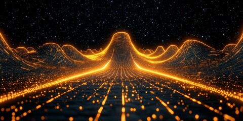 Glowing Abstract Landscape of Digital Data, Futuristic Lines and Neon Lights, Digital Art