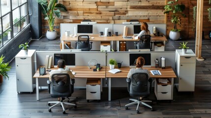 Poster - In a bright, open office, three individuals work at their desks, focused on tasks amid greenery and a stylish wood paneled backdrop, fostering productivity and creativity.