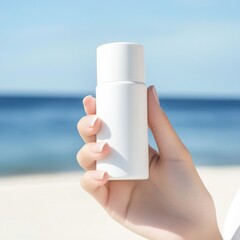 Wall Mural - Woman holding white sunscreen bottle on the beach, promoting sun safety during summer holidays