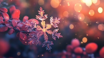 Poster - Crystal Snowflake on Bright Red Berries in Winter Wonderland Scene
