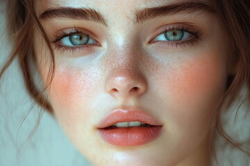 Wall Mural - Unique close-up portrait of a young woman showcasing striking blue eyes and natural beauty in a soft light setting