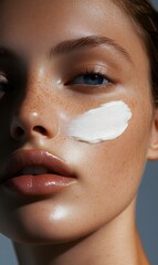 Wall Mural - Close-up of a young woman applying facial cream in soft light, emphasizing natural beauty and skincare routine