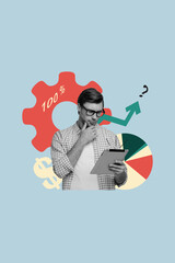 Aufkleber - Creative artwork template sketch image 3D collage of young man work tablet trade goal target success savings dollars arrow up cogwheel