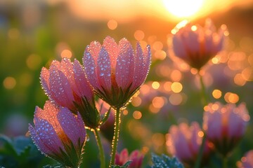 Sticker - Dew-kissed pink flowers, sunset bokeh.