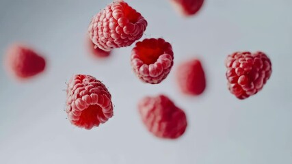 Aufkleber - Ripe red raspberries levitating against a soft gray backdrop create a vibrant and dynamic visual, highlighting their fresh, juicy texture and natural beauty in a striking composition