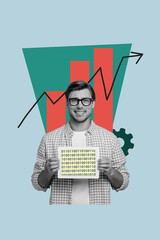 Aufkleber - Trend artwork sketch design montage 3D collage of young guy coder hand hold tablet hacking number trader business charts success graphics