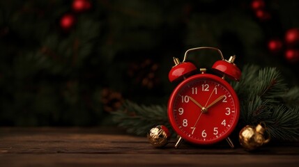 Wall Mural - festive red alarm clock against a christmas backdrop