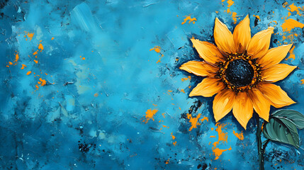 Poster - A vibrant sunflower stands out against a textured blue background, showcasing bright yellow petals and a dark center, adding a cheerful touch to the artwork
