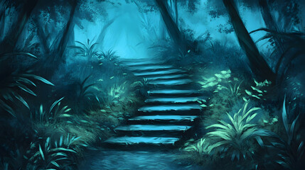Poster - A mystical forest pathway illuminated by soft blue light, featuring steps leading deeper into the enchanting foliage