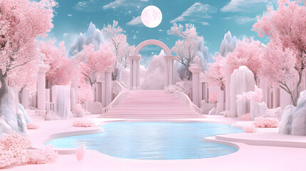 Poster - A serene, dreamlike landscape featuring pink trees, a tranquil pool, and a bright moon, creating a whimsical and enchanting atmosphere