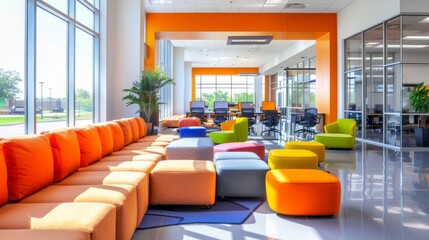 Aufkleber - Brightly colored furniture fills a modern office space with large windows, allowing natural light to illuminate the area. Cozy seating encourages collaboration and relaxation among employees.
