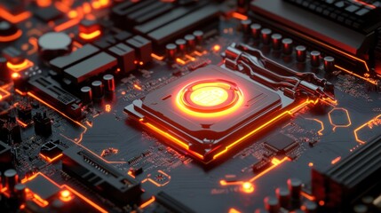 Poster - Detailed close-up of a futuristic circuit board with glowing orange elements