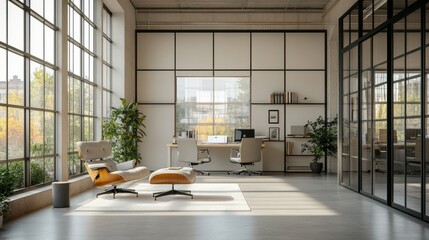 Poster - Sunlight floods a spacious office featuring large windows, sleek furniture, and a calming seating area. The minimalist design creates an inspiring work environment.