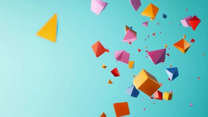 Aufkleber - Many colorful geometric shapes such as pyramids and cubes are levitating on a turquoise background, creating an abstract and playful composition