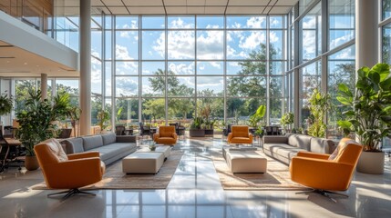 Poster - Comfortable seating areas with orange and gray couches, provide a welcoming atmosphere in a light filled lounge surrounded by lush plants on a sunny day.