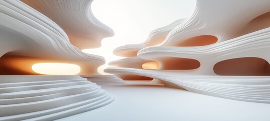 Wall Mural - Modern Minimalist White Interior with Flowing Organic Lines, 3D Architectural Rendering