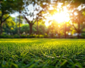 Canvas Print - Sunlit Grass Peaceful evening sunlight bathes a vibrant green field, scenic nature background.