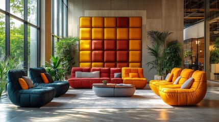 Aufkleber - Cozy lounge area with colorful seating arranged around a central coffee table. Large windows allow natural light to fill the space, enhancing the vibrant atmosphere.