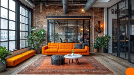 Aufkleber - A vibrant workspace showcases an orange sofa, coffee table, and lush plants in a well lit setting. Large windows offer a view of the cityscape and promote an energetic atmosphere.
