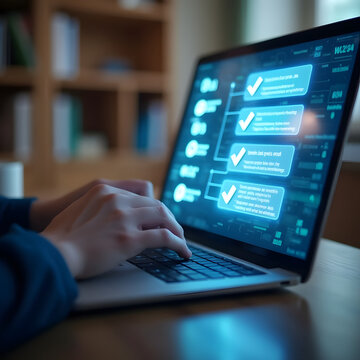 hologram and graphics, computer work, close-up, hands in the frame ,office tasks