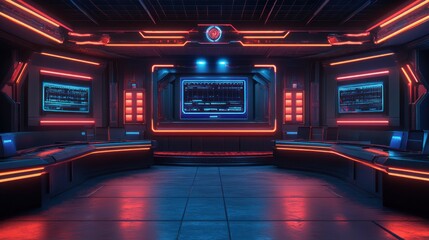 Poster - Futuristic control room with glowing screens and neon lights.