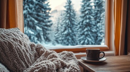 Wall Mural - Cozy knitted blanket, warm mug by snowy window. Perfect for winter, hygge, and relaxation themes.