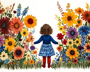 Wall Mural - A charming crayon sketch of a child surrounded by blooming garden flowers, evoking innocence, nature, and playful creativity.