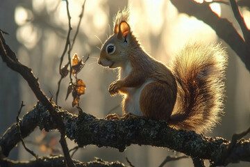 Wall Mural - Adorable squirrel sitting on a tree branch nibbling on a nut at sunrise