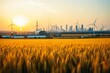 © Juergen Baur - Ein goldenes Weizenfeld im Vordergrund symbolisiert Landwirtschaft und traditionelle Industrien. Im Hintergrund zeigen moderne Fabriken, Windturbinen und eine Skyline wirtschaftlichen Fortschritt.