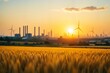 © Juergen Baur - Ein goldenes Weizenfeld im Vordergrund symbolisiert Landwirtschaft und traditionelle Industrien. Im Hintergrund zeigen moderne Fabriken, Windturbinen und eine Skyline wirtschaftlichen Fortschritt.
