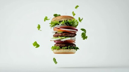 Poster - Freshly made double burger with flying lettuce, tomatoes, onions, and patty, levitating on a white background, creating a dynamic and appetizing visual