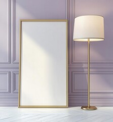 Poster - An empty vertical rectangle frame mockup, placed on the floor against a light purple wall with white wood flooring, is leaning against a modern standing lamp in neutral tones. Copy space for text