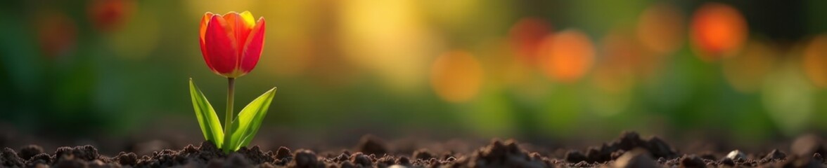 Wall Mural - Tulip stem rising from the soil in the ground, nature, bulb