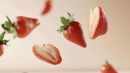 Aufkleber - Fresh, whole and halved strawberries levitating against a seamless light brown background, creating a vibrant and appetizing scene filled with juicy sweetness and healthy appeal