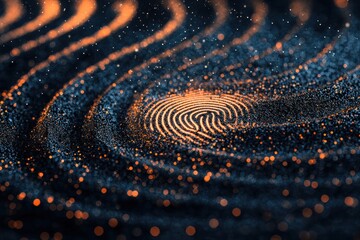 Poster - Abstract Digital Fingerprint Icon Glowing on Dark Background with Sparkles