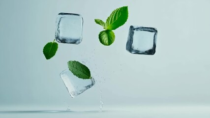 Poster - Ice cubes and mint leaves are levitating, creating a refreshing and cool visual effect against a soft blue background, ideal for conveying concepts of summer, freshness, and beverages