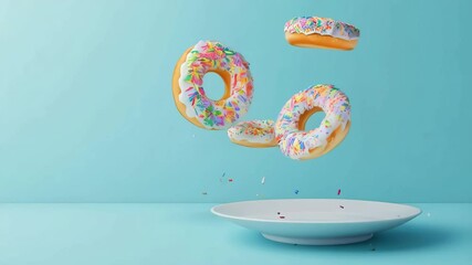 Aufkleber - Four colorful glazed donuts with sprinkles are levitating over a white plate on a light blue background, creating a visually appealing scene