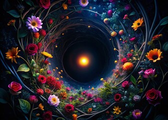 Wall Mural - Silhouette of Glowing Vines and Flowers Emerging from Darkness