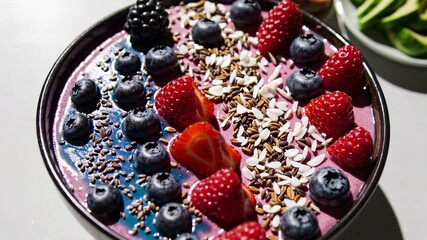 Poster - A healthy breakfast table laid out with colorful smoothie bowls, fresh berries, and whole-grain toast, highlighting nutrition and wellness.