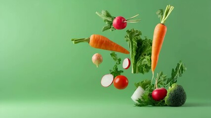Aufkleber - Carrots, lettuce, radishes, tomatoes, potatoes, onions, and broccoli float on a vibrant green background, creating a dynamic and colorful display of healthy, fresh produce
