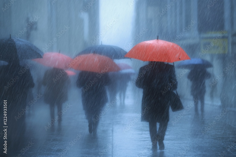 People walking with umbrellas in the rain during a foggy day in the ...