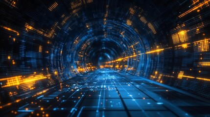 Poster - Futuristic Glowing Tunnel of Data, Digital Stream Flow, Abstract Technology Background