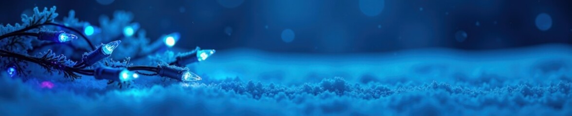 twinkling blue christmas lights on a snowy background, festive, decorations, snow