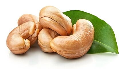 Roasted cashew nuts with a green leaf, healthy snack.