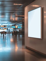 Poster - Illuminated advertising space in modern airport terminal digital display interior design urban environment wide angle view