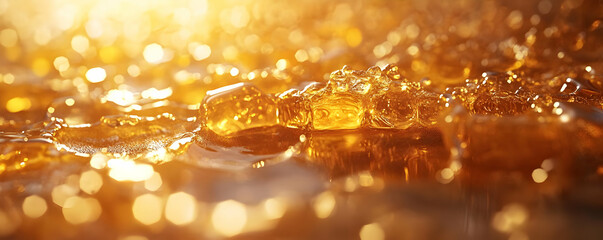 Golden liquid surface, sunlit, bokeh background,  texture