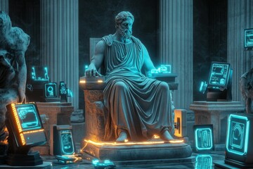 Poster - Digital integration in an ancient setting showcases the contrast between classical sculpture and modern technology