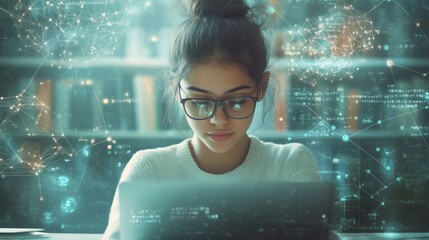 Poster - Focused young woman using laptop, digital network overlay.